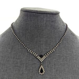 Vintage Retro Glam Glass Rhinestone Dangle Teardrop Faux Onyx Pendant Necklace